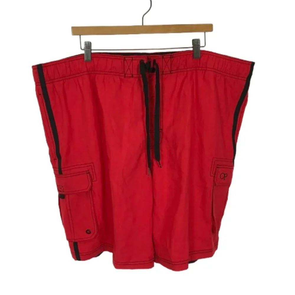 NWT Mens Size 2XL Ocean Pacific OP Red Elastic Waist Solid Cargo Swim Trunks NEW